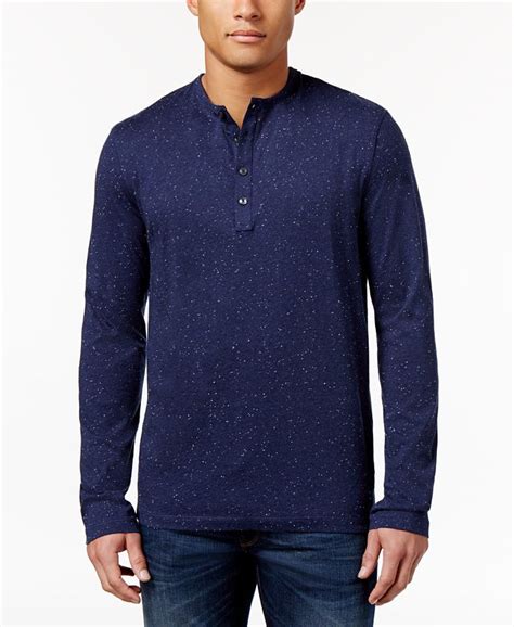 Michael Kors Long Sleeve Speckled Print Henley Shirt (Midnight, 